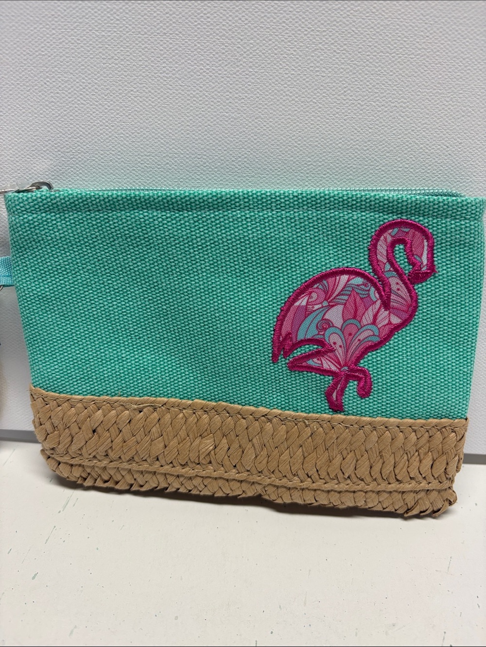 Teal Canvas & Woven Straw Flamingo Wristlet Clutch - Picture 2 of 11
